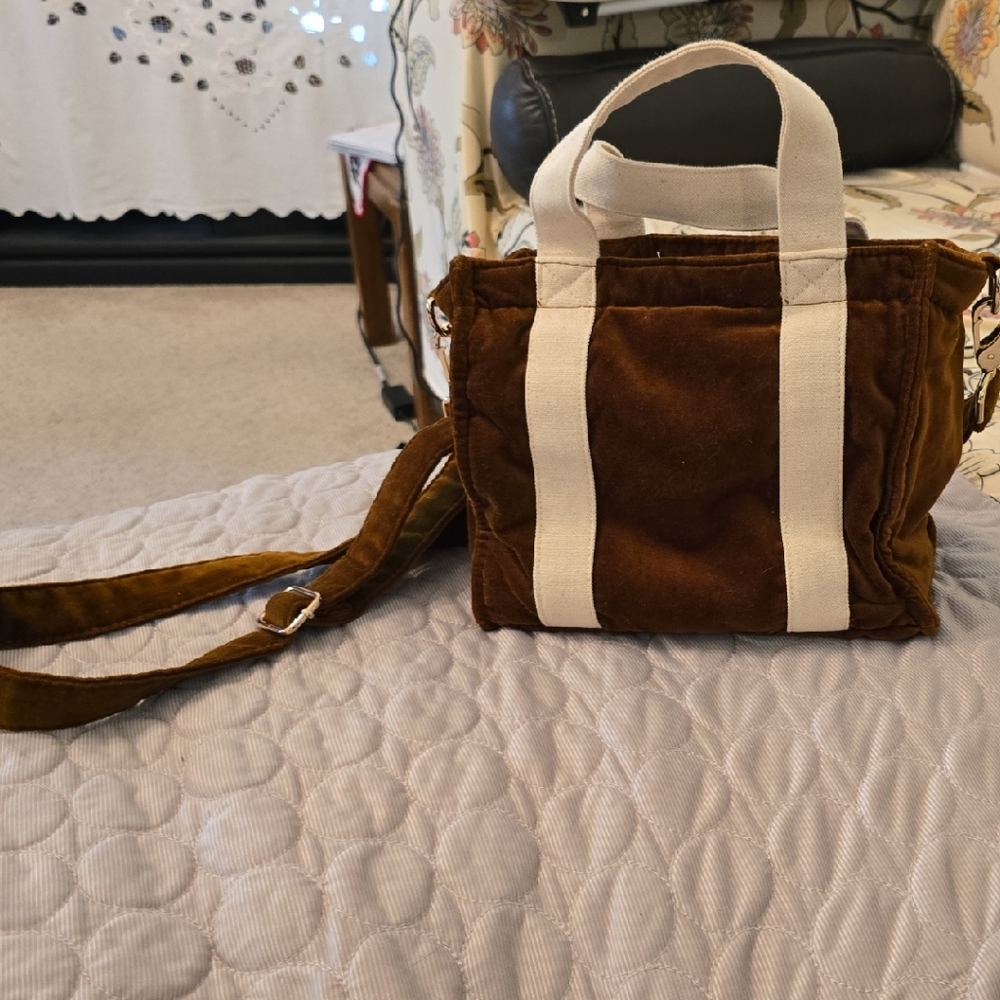 Sezane Brown Velvet Crossbody Tote with Cream Straps